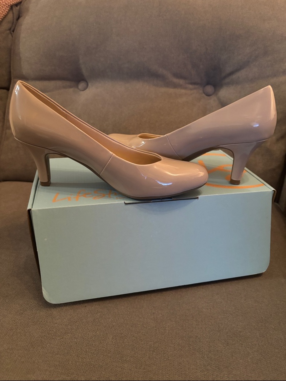 Life Stride Patent Mid Heel Pumps in Taupe
